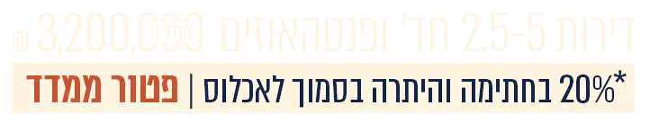 דירות 2 2.5 חד ופנטהאוזים החל מ3200000 20% בחתימה והיתרה בסמוך לאכלוס פטור ממדד