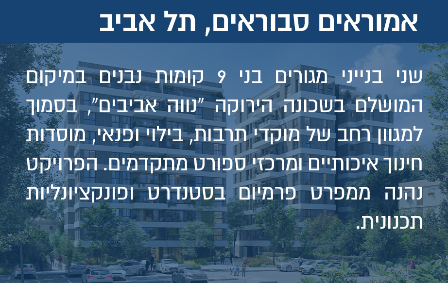 במיקום הטוב ביותר בנווה אביבים. שני בנייני מגורים בני 9 קומות נבנים במיקום המושלם בשכונה הירוקה, בסמוך למגוון רחב של מוקדי תרבות, בילוי ופנאי, מוסדות חינוך איכותיים ומרכזי ספורט מתקדמים. הפרויקט נהנה ממפרט פרמיום בסטנדרט יוצא דופן ופונקציונליות תכנונית.