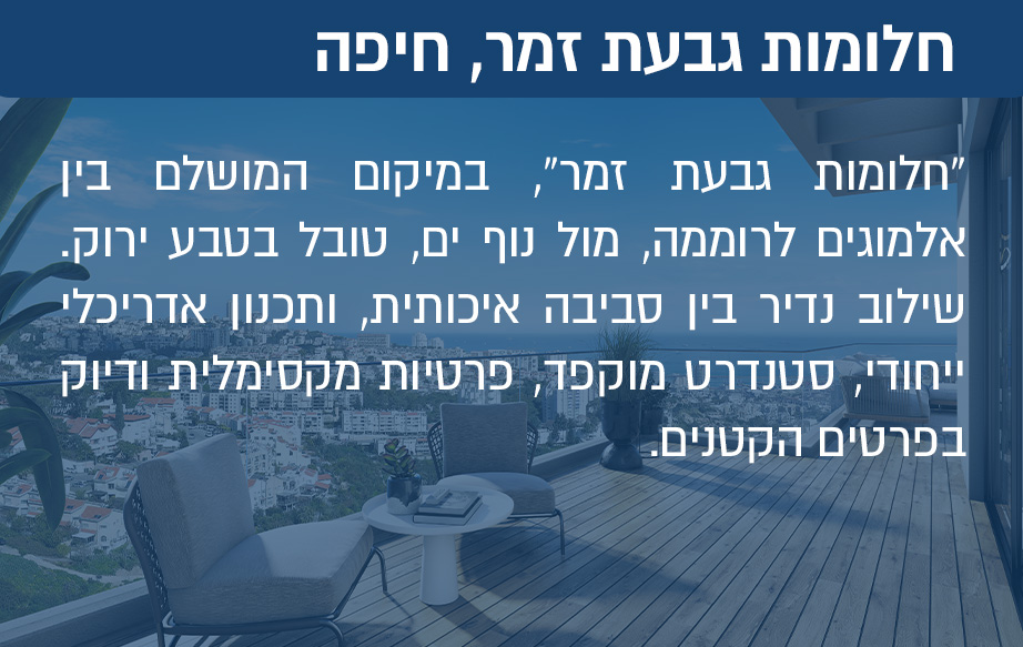 חלומות גבעת זמר, במיקום המושלם בין אלמוגי לרוממה, מול נוף ים, טובל בטבע ירוק. שילוב נדיר בין סביבה איכותית, ותכנון אדריכלי ייחודי, סטנדרט מוקפד, פרטיות מקסימלית ודיוק בפרטים הקטנים.