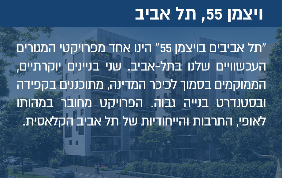 תל אביבים בויצמן 55 הינו אחד מפרויקטי המגורים העכשווים שלנו בתל-אביב. שני בניינים יוקרתיים, הממוקמים בסמוך לכיכר המדינה, מתוכננים בקפידה ובסטנדרט בנייה גבוה. הפרוייקט משלב פתרונות חדשניים ואיכותיים ביותר בתחום המגורים, אך יחד עם זאת מחובר במהותו לאופי, התרבות והייחודיות של תל אביב הקלאסית