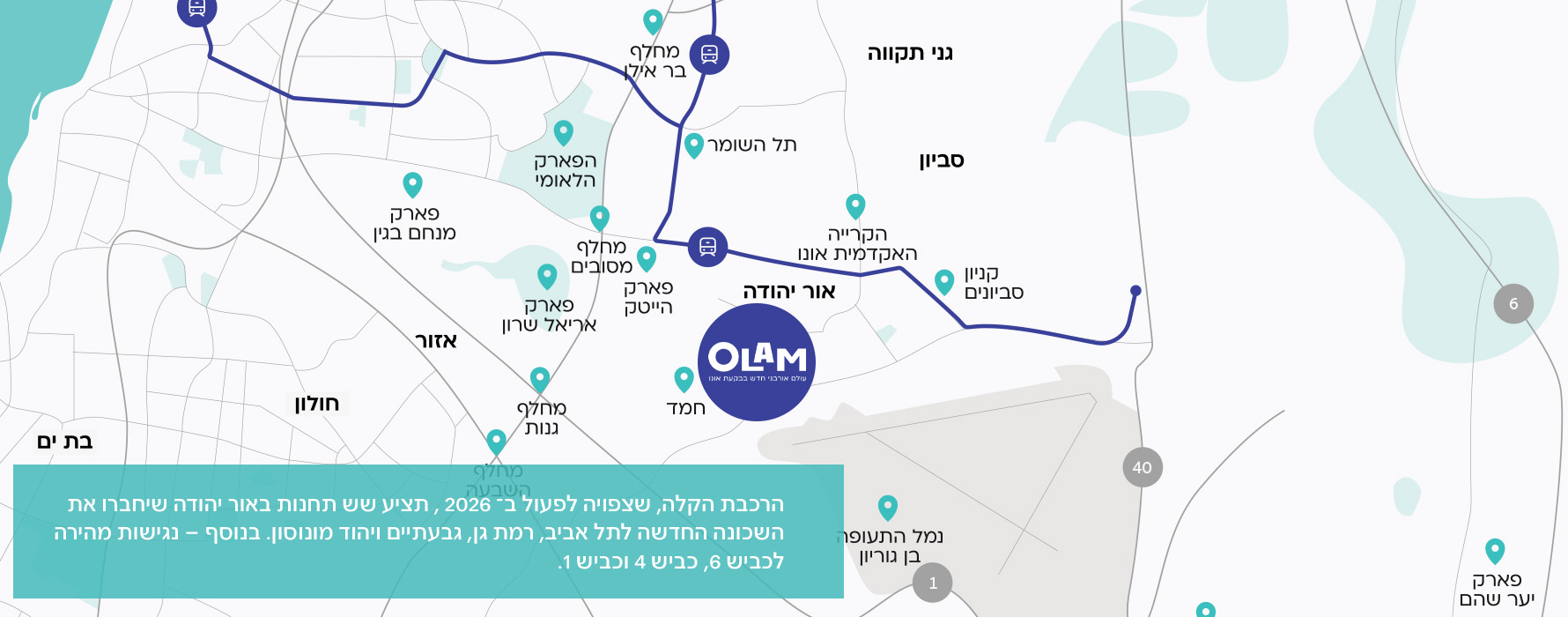 הרכבת הקלה, שצפויה לפעול ב־2026, תציע שש תחנות באור יהודה שיחברו את השכונה החדשה לתל אביב, רמת גן, גבעתיים ויהוד מונוסון. בנוסף – נגישות מהירה לכביש 6, כביש 4 וכביש 1.